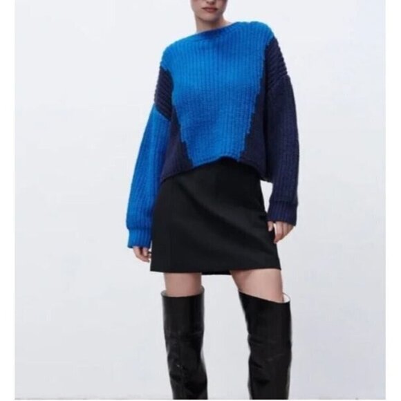 Zara Sweater Womens Medium Blue Color Block Chunky Cropped Boho Blogger Fav - Picture 1 of 10